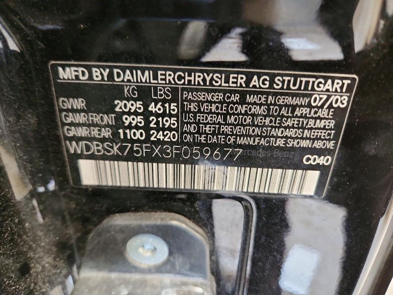 2003 Mercedes-benz Sl მანქანა იყიდება აუქციონზე, vin: WDBSK75FX3F059677, აუქციონის ნომერი: 55712346
