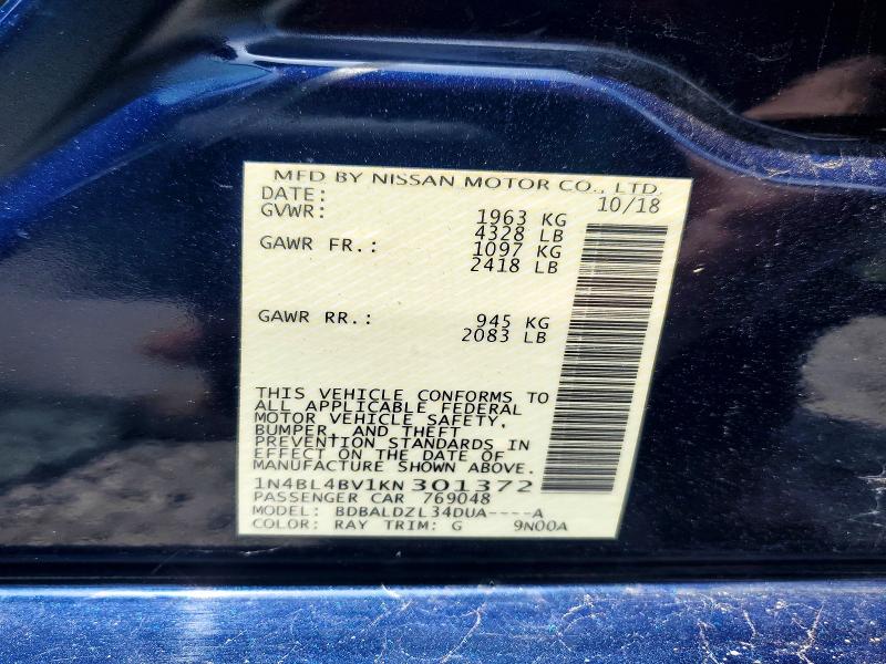 2019 Nissan Altima მანქანა იყიდება აუქციონზე, vin: 1N4BL4BV1KN301372, აუქციონის ნომერი: 58281796