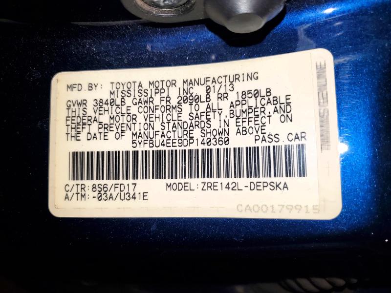 59114746 :رقم المزاد ، 5YFBU4EE9DP140360 vin ، 2013 Toyota Corolla مزاد بيع