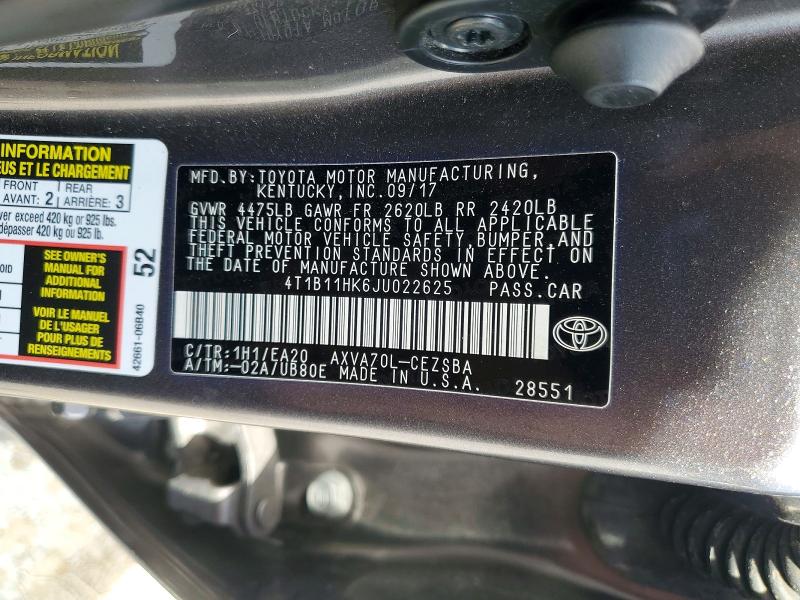 2018 Toyota Camry მანქანა იყიდება აუქციონზე, vin: 4T1B11HK6JU022625, აუქციონის ნომერი: 56082226