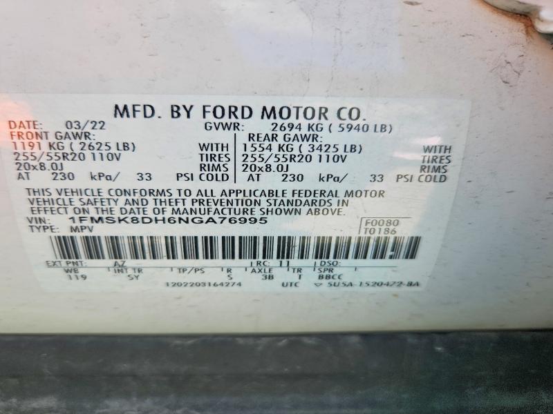 Продажа на аукционе авто 2022 Ford Explorer, vin: 1FMSK8DH6NGA76995, номер лота: 57517366