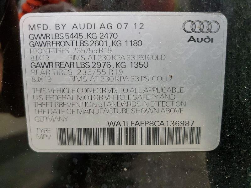 Продаж на аукціоні авто 2012 Audi Q5, vin: WA1LFAFP8CA136987, номер лоту: 57786436