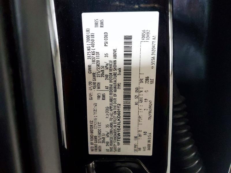 58434266 :رقم المزاد ، 1FTEW1E43LKD60152 vin ، 2020 Ford F150 مزاد بيع