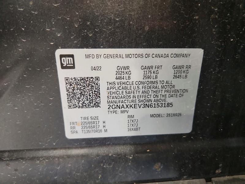 Aukcja sprzedaży 2022 Chevrolet Equinox, vin: 2GNAXKEV3N6153185, numer aukcji: 57077736