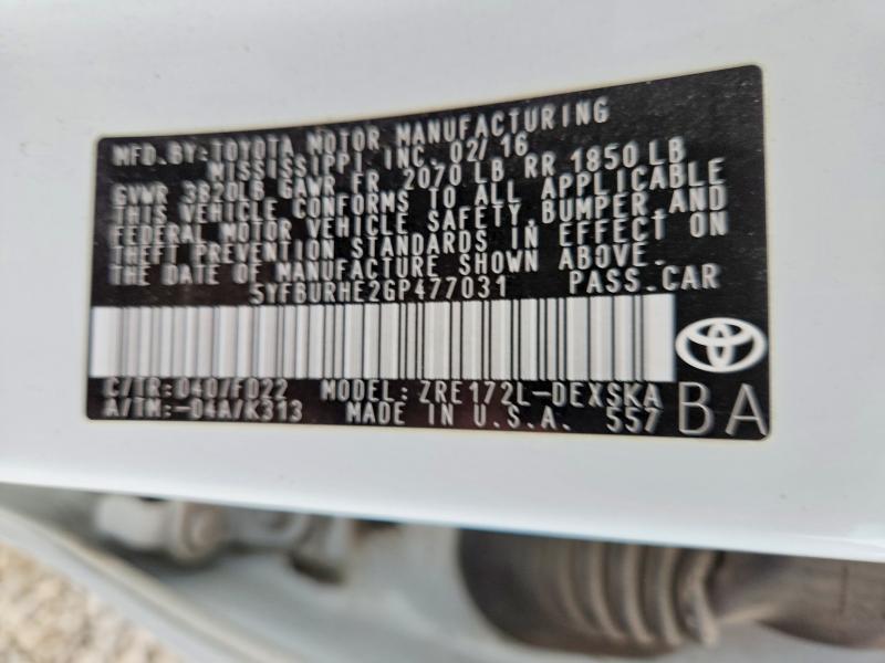 Продажа на аукционе авто 2016 Toyota Corolla, vin: 5YFBURHE2GP477031, номер лота: 58394926