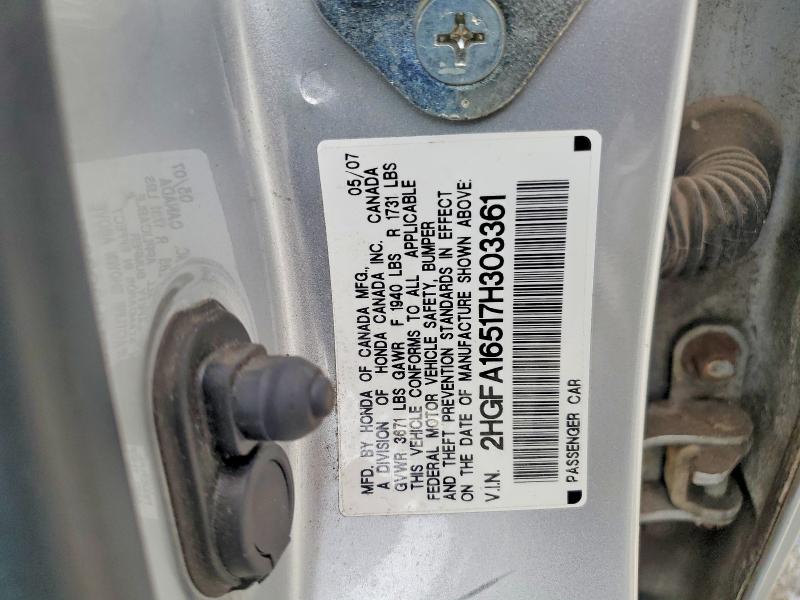 2007 Honda Civic მანქანა იყიდება აუქციონზე, vin: 2HGFA16517H303361, აუქციონის ნომერი: 57342256