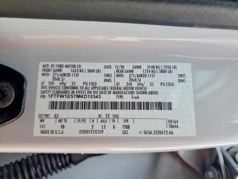 Aukcja sprzedaży 2021 Ford F150, vin: 1FTFW1E57MKD15343, numer aukcji: 56117566