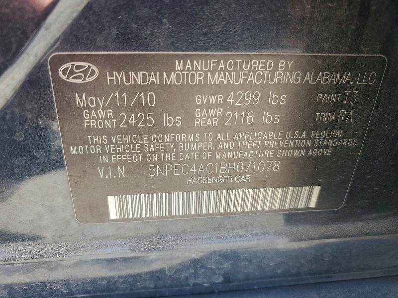 2011 Hyundai Sonata მანქანა იყიდება აუქციონზე, vin: 5NPEC4AC1BH071078, აუქციონის ნომერი: 78729815