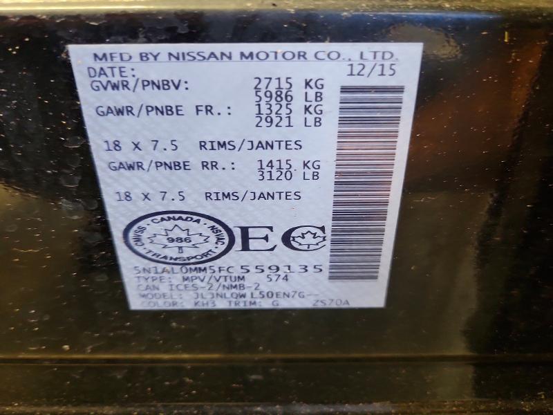 56842626 :رقم المزاد ، 5N1AL0MM5FC559135 vin ، 2015 Infiniti Qx60 مزاد بيع