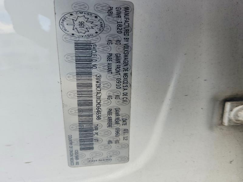 56505616 :رقم المزاد ، 3VW1K7AJXCM364598 vin ، 2012 Volkswagen Jetta مزاد بيع