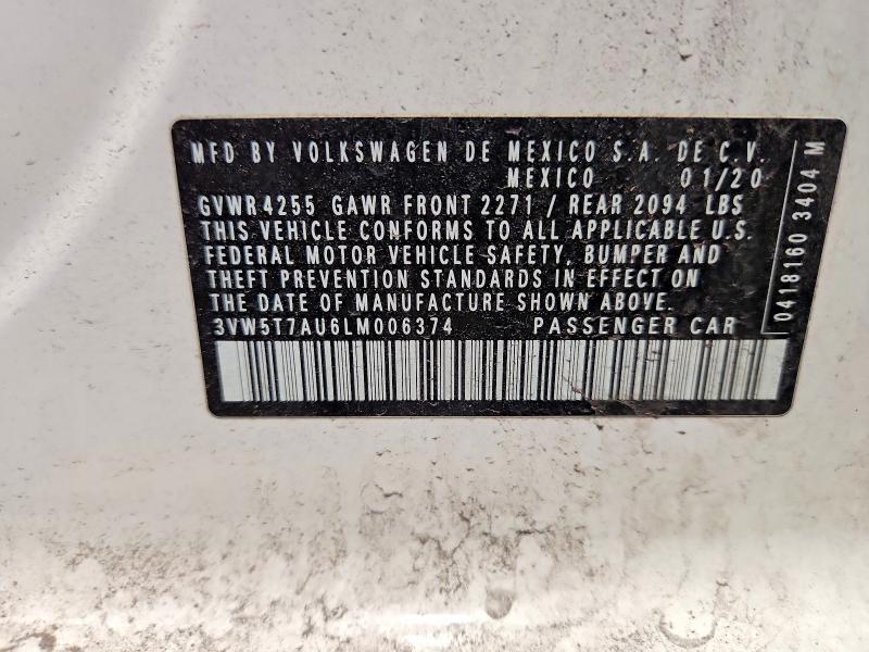 2020 Volkswagen Gti მანქანა იყიდება აუქციონზე, vin: 3VW5T7AU6LM006374, აუქციონის ნომერი: 56138726