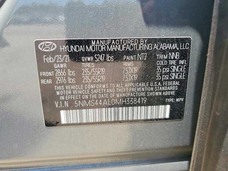 2021 Hyundai Santa Fe მანქანა იყიდება აუქციონზე, vin: 5NMS44AL0MH338419, აუქციონის ნომერი: 56338886