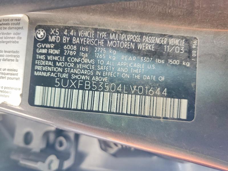 58399766 :رقم المزاد ، 5UXFB53504LV01644 vin ، 2004 Bmw X5 مزاد بيع