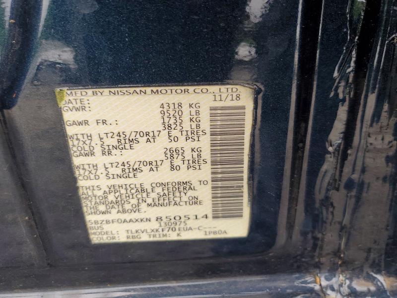 Aukcja sprzedaży 2019 Nissan Nv, vin: 5BZBF0AAXKN850514, numer aukcji: 58752266