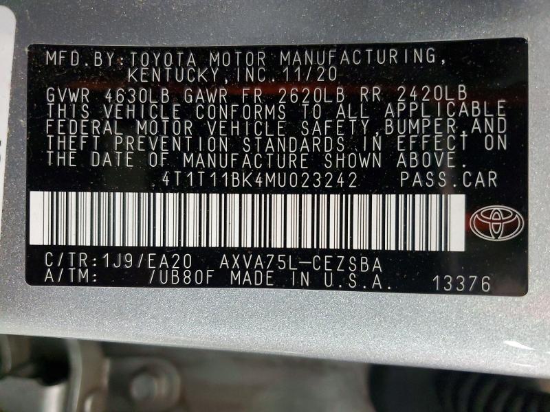 57863066 :رقم المزاد ، 4T1T11BK4MU023242 vin ، 2021 Toyota Camry مزاد بيع