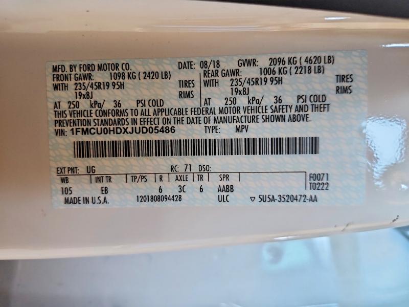 2018 Ford Escape მანქანა იყიდება აუქციონზე, vin: 1FMCU0HDXJUD05486, აუქციონის ნომერი: 56737416