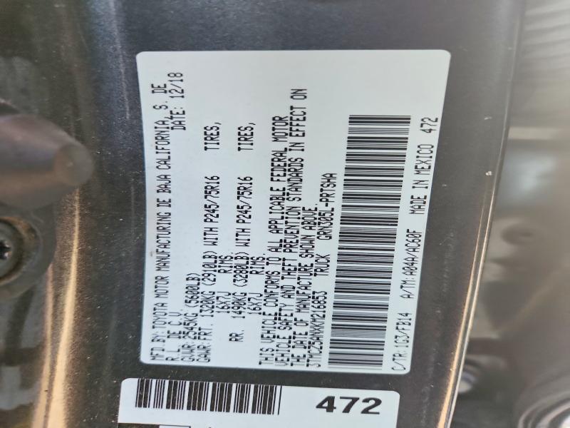 Auction sale of the 2019 Toyota Tacoma, vin: 3TMCZ5ANXKM216853, lot number: 58620786