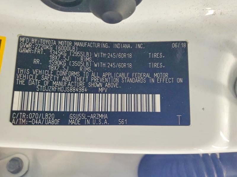 2018 Toyota Highlander მანქანა იყიდება აუქციონზე, vin: 5TDJZRFH0JS884984, აუქციონის ნომერი: 56255406