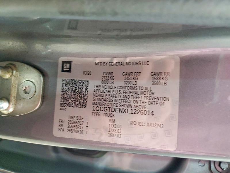 Aukcja sprzedaży 2020 Chevrolet Colorado, vin: 1GCGTDENXL1226014, numer aukcji: 58447116