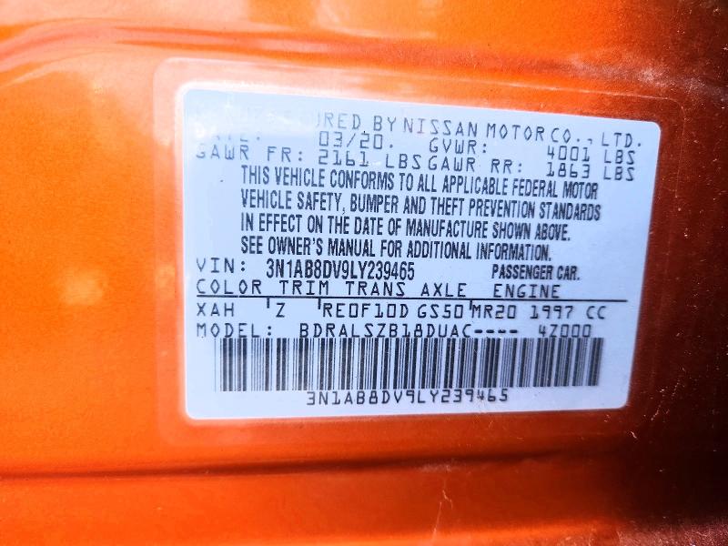 57625756 :رقم المزاد ، 3N1AB8DV9LY239465 vin ، 2020 Nissan Sentra مزاد بيع