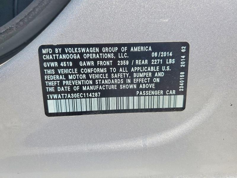 57858106 :رقم المزاد ، 1VWAT7A30EC114287 vin ، 2014 Volkswagen Passat مزاد بيع
