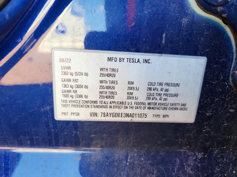 2022 Tesla Model Y მანქანა იყიდება აუქციონზე, vin: 7SAYGDEE3NA011075, აუქციონის ნომერი: 59020996
