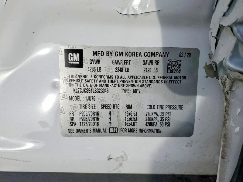 Aukcja sprzedaży 2020 Chevrolet Trax, vin: KL7CJKSB1LB323046, numer aukcji: 55517386