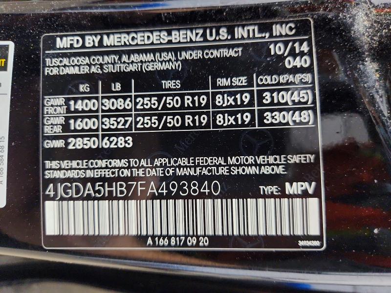 59259776 :رقم المزاد ، 4JGDA5HB7FA493840 vin ، 2015 Mercedes-benz Ml مزاد بيع