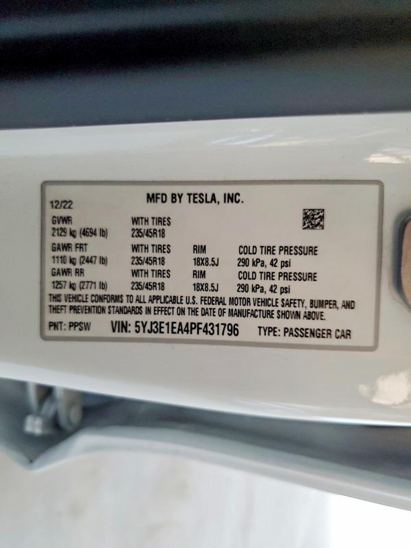 2023 Tesla Model 3 მანქანა იყიდება აუქციონზე, vin: 5YJ3E1EA4PF431796, აუქციონის ნომერი: 57349996