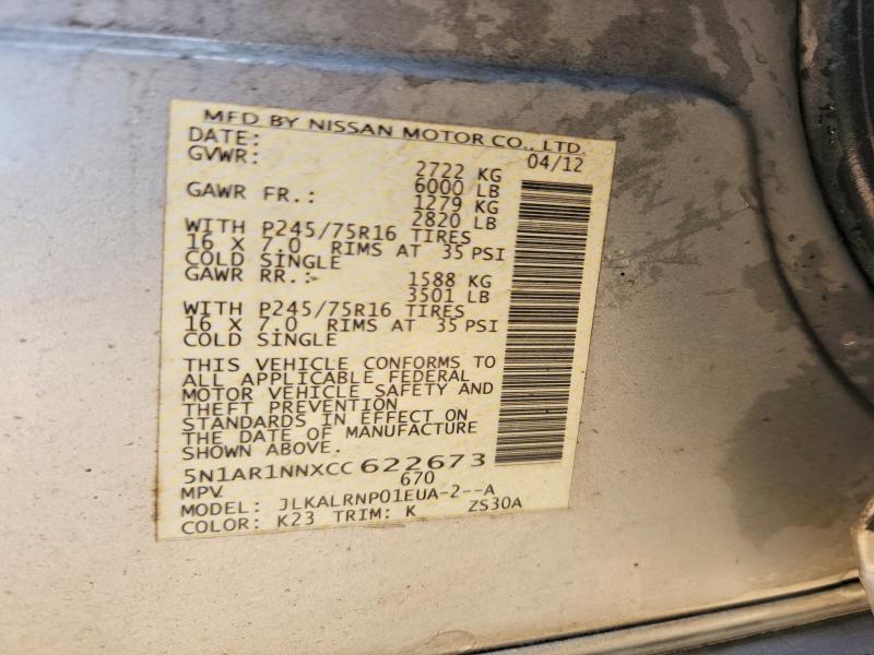 59133446 :رقم المزاد ، 5N1AR1NNXCC622673 vin ، 2012 Nissan Pathfinder مزاد بيع