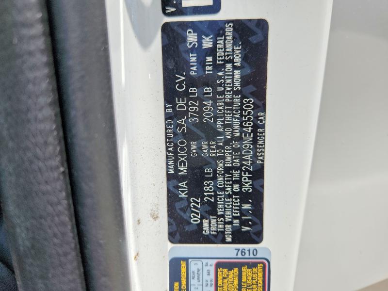 2022 Kia Forte მანქანა იყიდება აუქციონზე, vin: 3KPF24AD9NE465503, აუქციონის ნომერი: 58970266