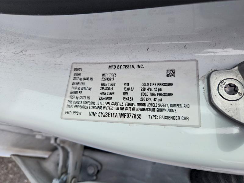 Aukcja sprzedaży 2021 Tesla Model 3, vin: 5YJ3E1EA1MF977855, numer aukcji: 58970016