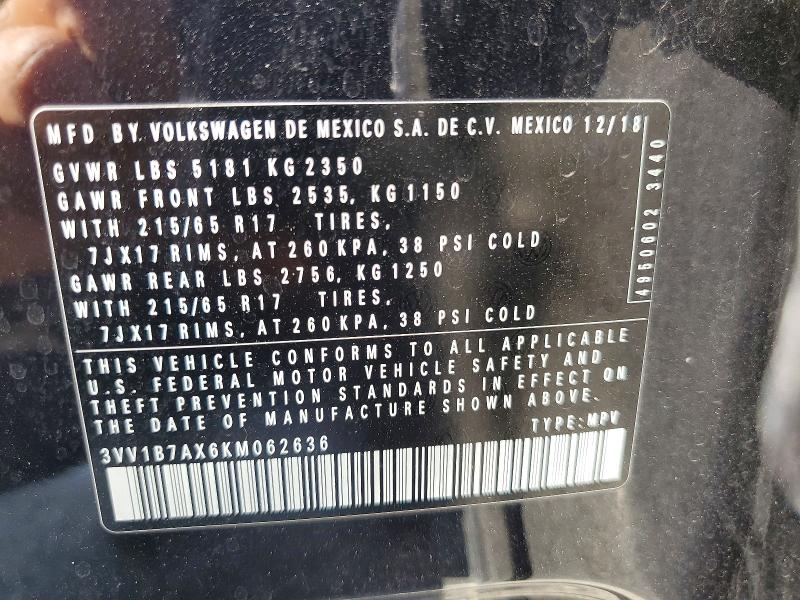 Продажа на аукционе авто 2019 Volkswagen Tiguan, vin: 3VV1B7AX6KM062636, номер лота: 55798126