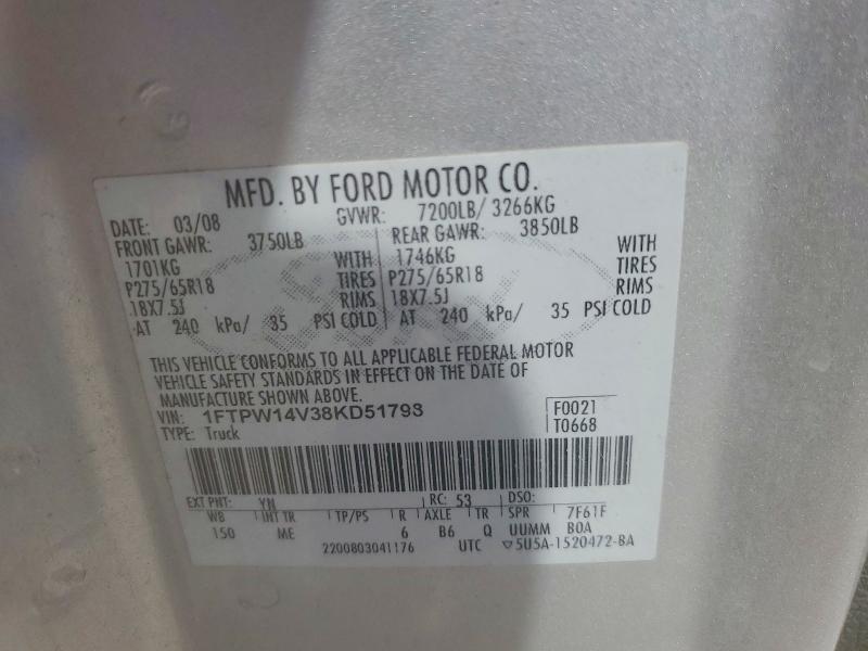 2008 Ford F150 მანქანა იყიდება აუქციონზე, vin: 1FTPW14V38KD51798, აუქციონის ნომერი: 56765656