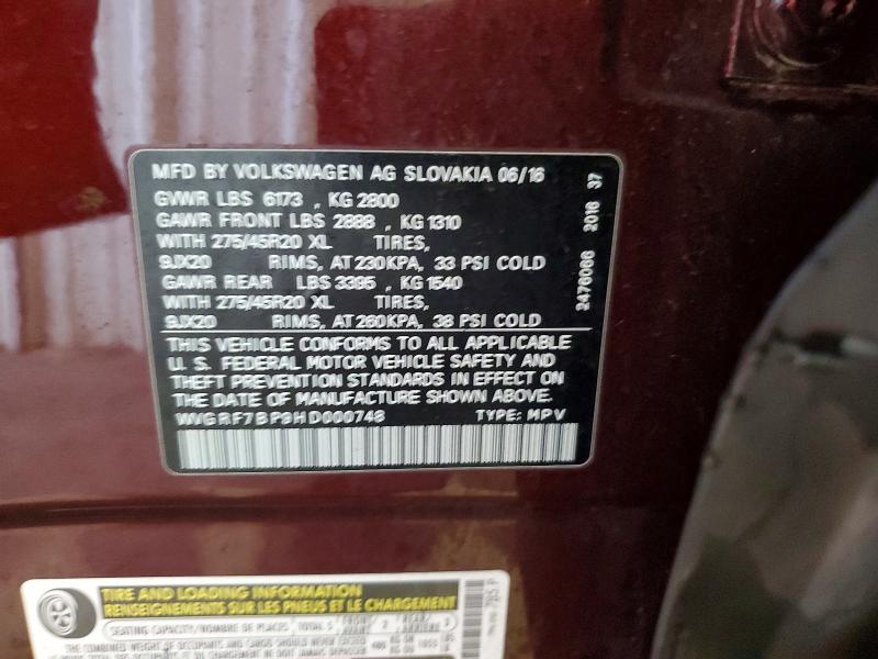 56775426 :رقم المزاد ، WVGRF7BP9HD000748 vin ، 2017 Volkswagen Touareg مزاد بيع