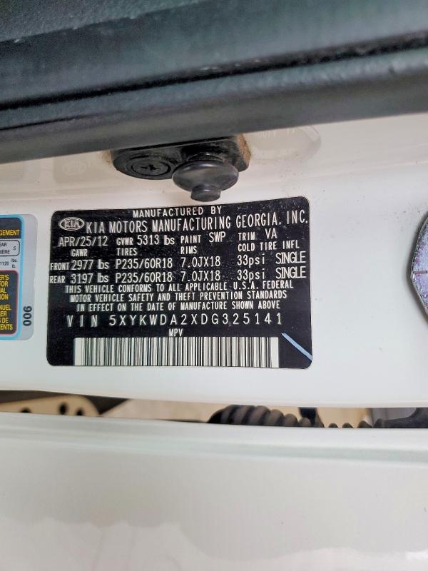 2013 Kia Sorento მანქანა იყიდება აუქციონზე, vin: 5XYKWDA2XDG325141, აუქციონის ნომერი: 58778246