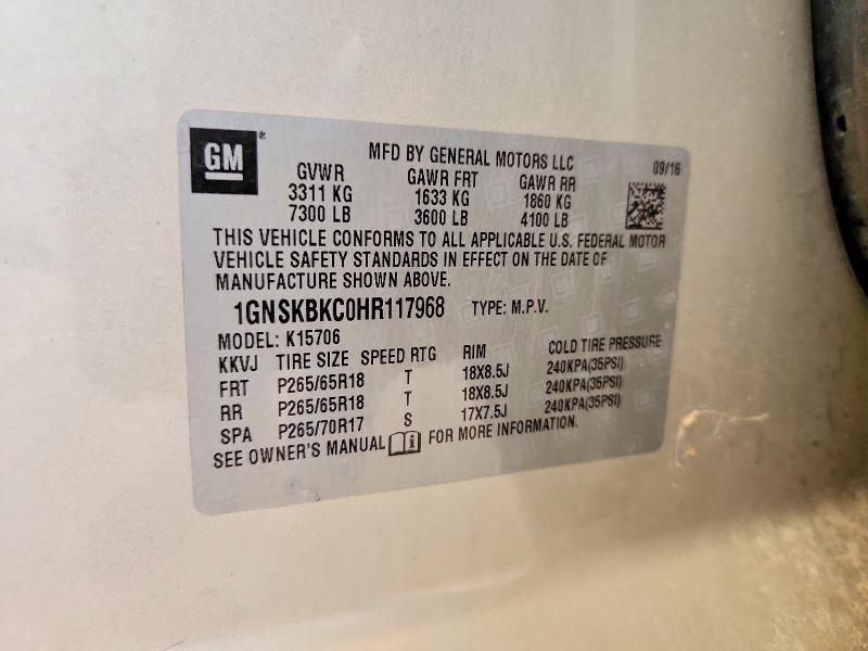 55822476 :رقم المزاد ، 1GNSKBKC0HR117968 vin ، 2017 Chevrolet Tahoe مزاد بيع