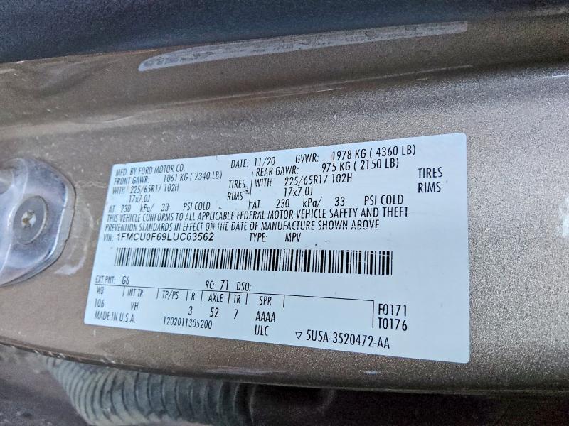 56227246 :رقم المزاد ، 1FMCU0F69LUC63562 vin ، 2020 Ford Escape مزاد بيع