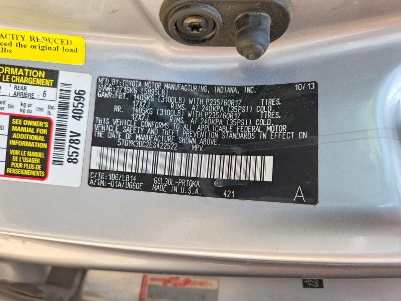Aukcja sprzedaży 2014 Toyota Sienna, vin: 5TDYK3DC2ES422522, numer aukcji: 55812916