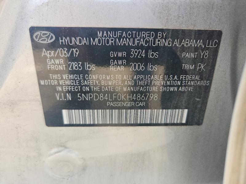59006466 :رقم المزاد ، 5NPD84LF0KH486798 vin ، 2019 Hyundai Elantra مزاد بيع