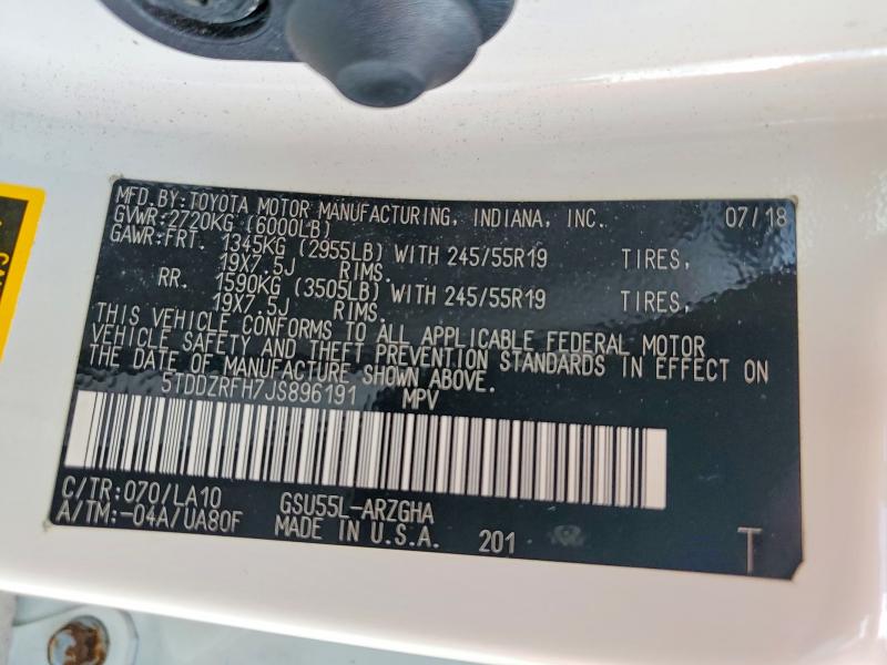 Aukcja sprzedaży 2018 Toyota Highlander, vin: 5TDDZRFH7JS896191, numer aukcji: 56572576