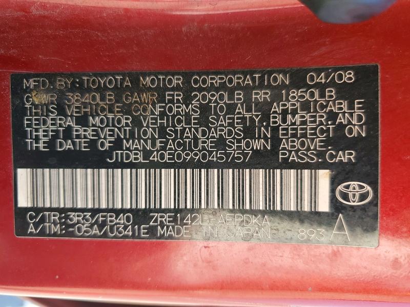 Aukcja sprzedaży 2009 Toyota Corolla, vin: JTDBL40E099045757, numer aukcji: 57696076