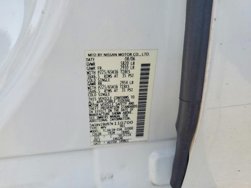 59013566 :رقم المزاد ، 5N1BV28U97N110700 vin ، 2007 Niss Quest Van مزاد بيع