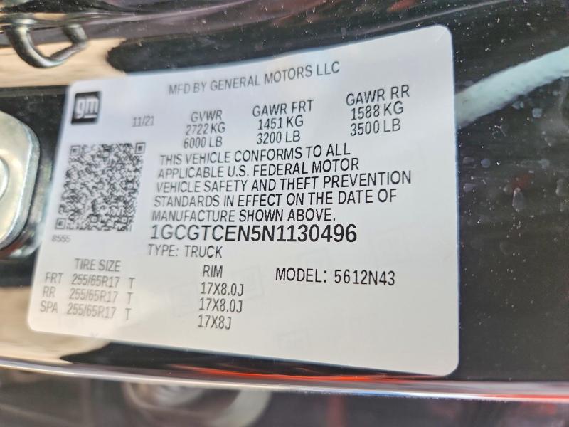 Продажа на аукционе авто 2022 Chevrolet Colorado, vin: 1GCGTCEN5N1130496, номер лота: 55500416