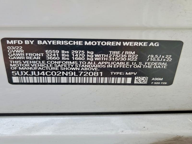 Продажа на аукционе авто 2022 Bmw X5, vin: 5UXJU4C02N9L72081, номер лота: 58573306