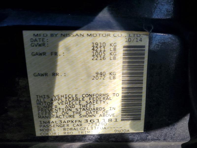 2015 Nissan Altima მანქანა იყიდება აუქციონზე, vin: 1N4AL3APXFN361181, აუქციონის ნომერი: 57429266