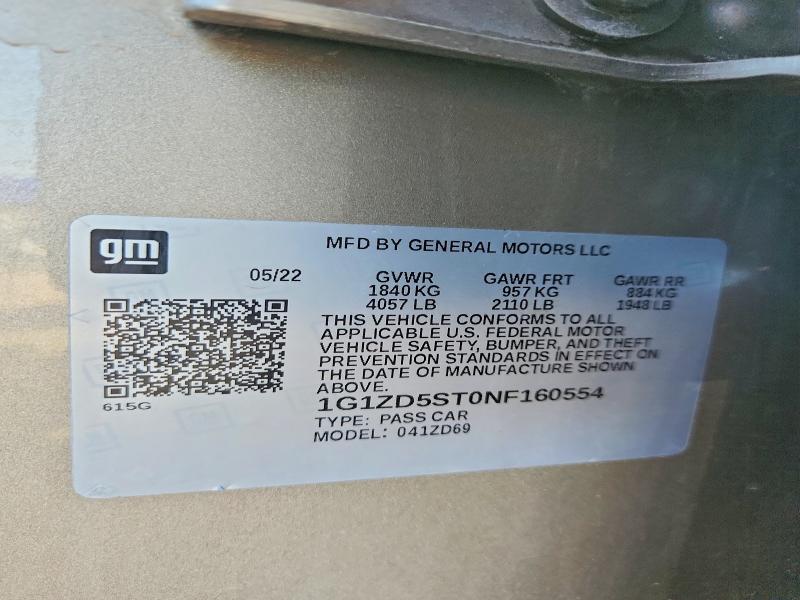 Aukcja sprzedaży 2022 Chevrolet Malibu, vin: 1G1ZD5ST0NF160554, numer aukcji: 57646396