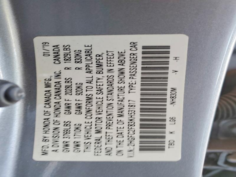Продажа на аукционе авто 2019 Honda Civic, vin: 2HGFC2F83KH531817, номер лота: 55768326