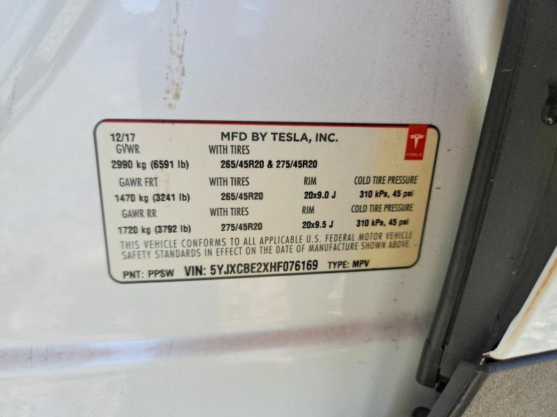 Aukcja sprzedaży 2017 Tesla Model X, vin: 5YJXCBE2XHF076169, numer aukcji: 56852026