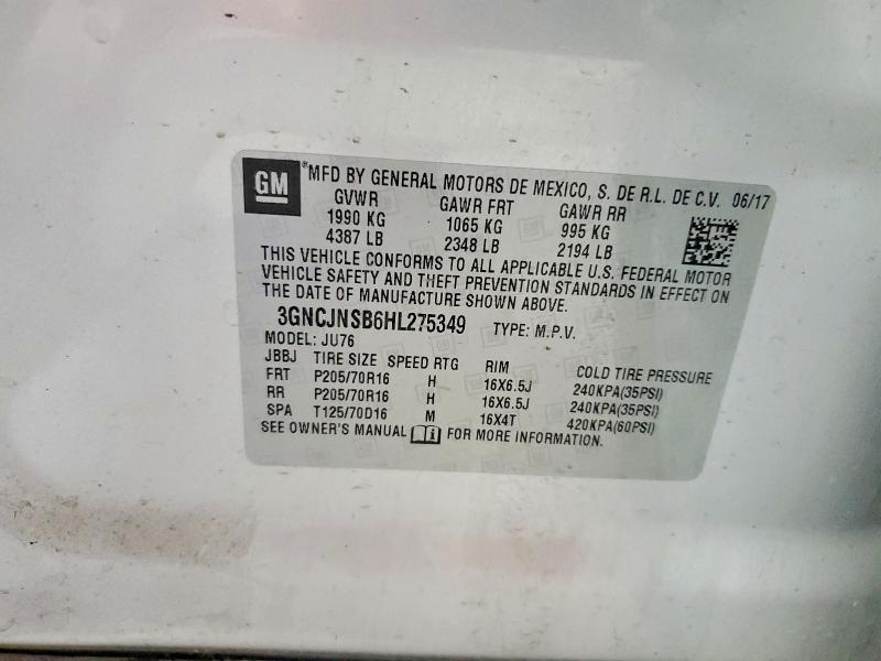 2017 Chevrolet Trax მანქანა იყიდება აუქციონზე, vin: 3GNCJNSB6HL275349, აუქციონის ნომერი: 85634855